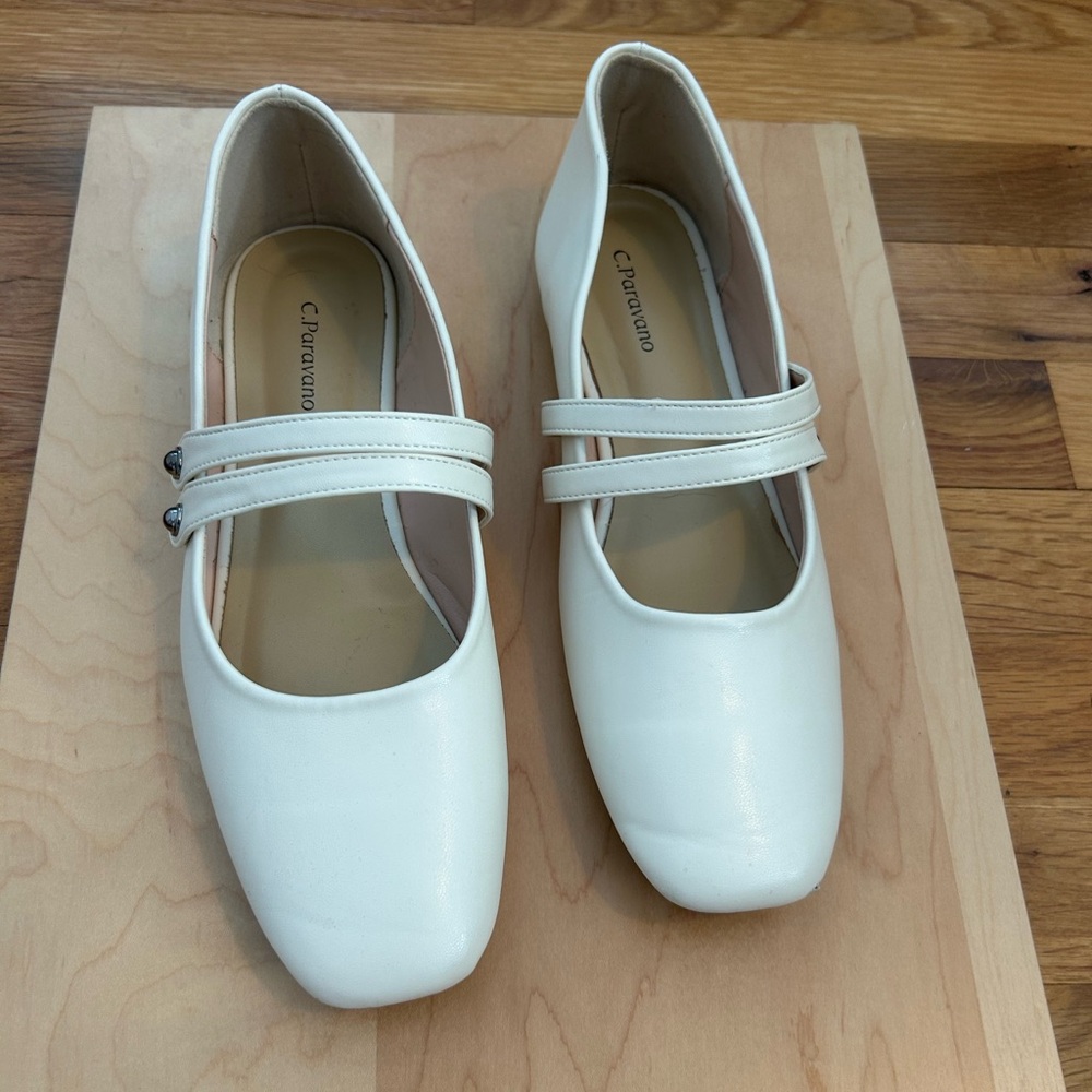 C. Porcaro Cream Mary Jane Flats with Double Strap